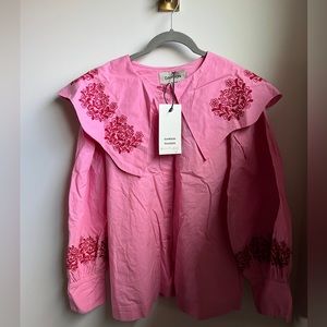 Pink embroidered collar shirt. Women’s shirt. Pink shirt with collar.